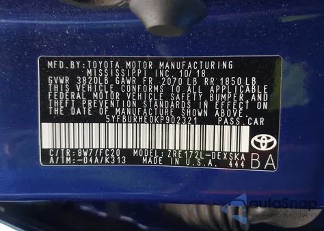 2019 Toyota Corolla Se z USA, uszkodzony, nr VIN 5YFBURHE0KP902321